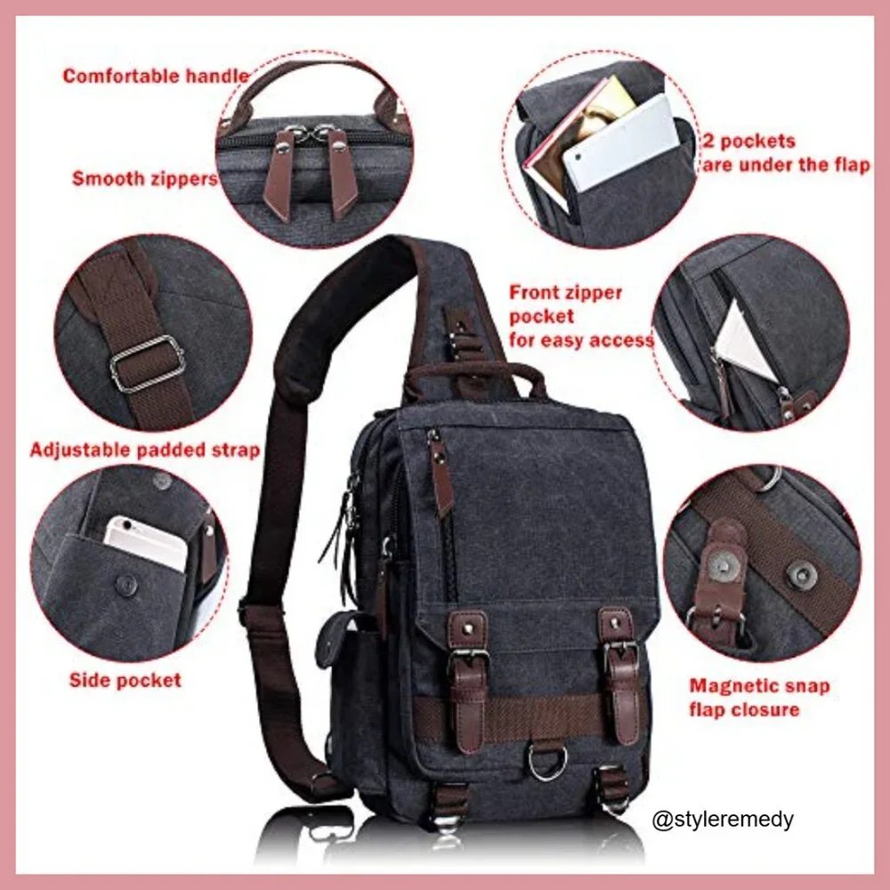 Canvas Messenger Bag with PU Leather, Adjustable Crossbody Sling